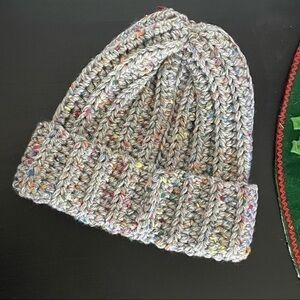 Handmade Cable Knit Ribbed Hat Silver Speckle Xtra Warm Crochet Beanie Men Women